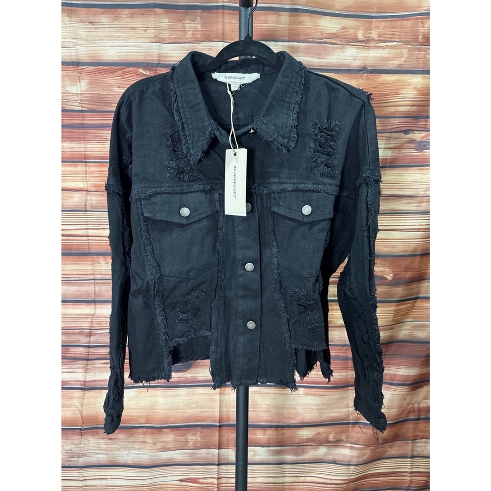 Blue Velvet Womens Distressed Denim Jacket Black Cut Out Frayed Hem 8959BT S